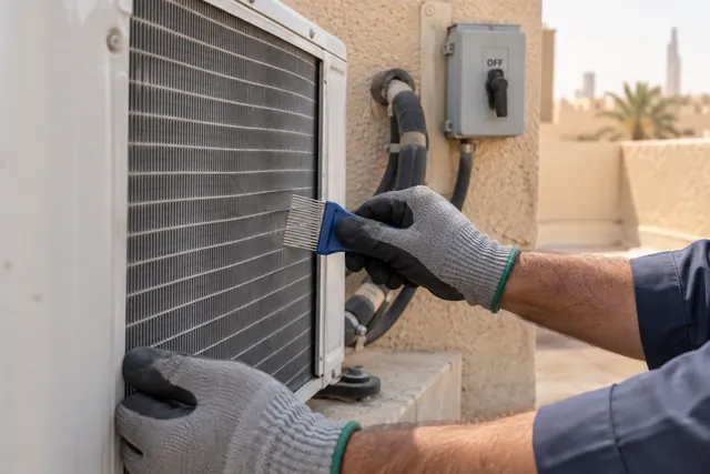 Technician maintaining AC condenser fins in Riyadh