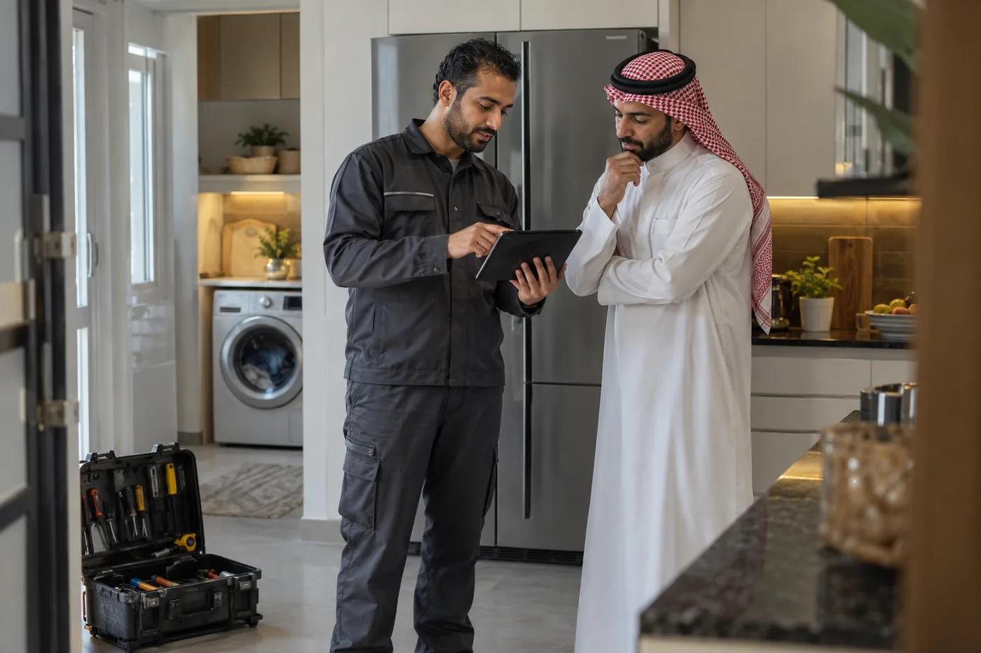Appliance technician explaining a diagnosis to a homeowner in Riyadh