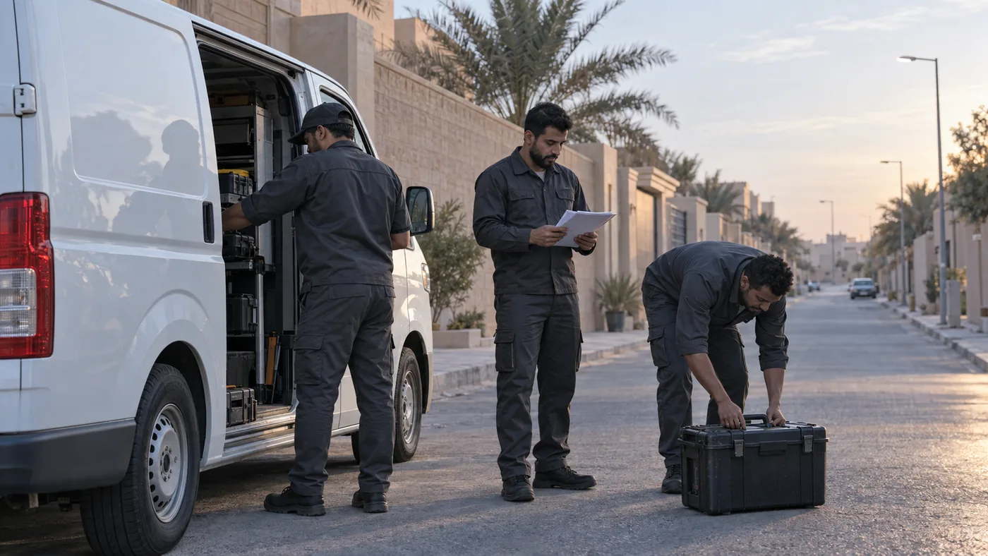 Appliance service team preparing tools beside a service van in Riyadh