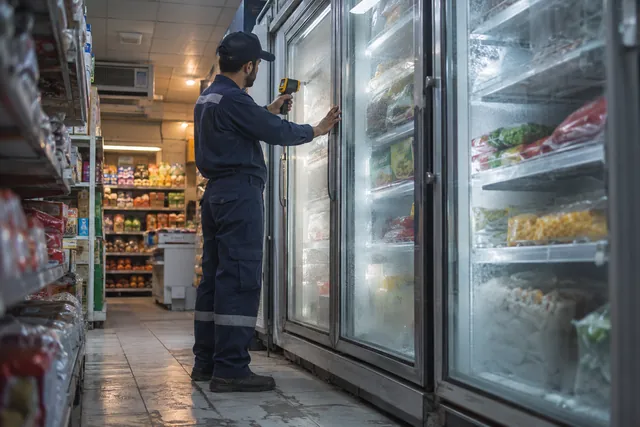 Technician inspecting a commercial freezer in Riyadh