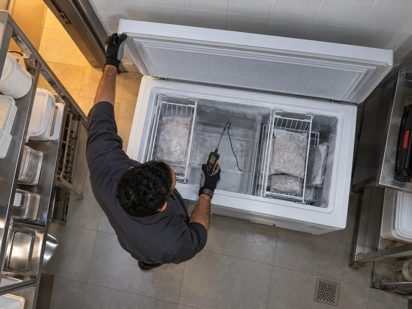 Top view of a technician inspecting a chest freezer seal and temperature