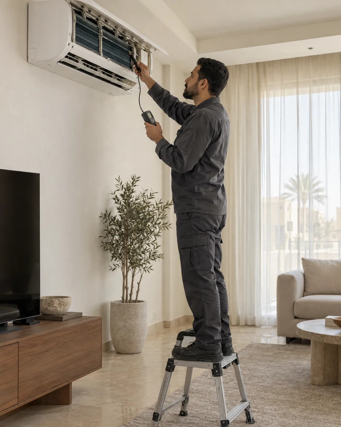 Technician inspecting a wall-mounted air conditioner in a Riyadh home