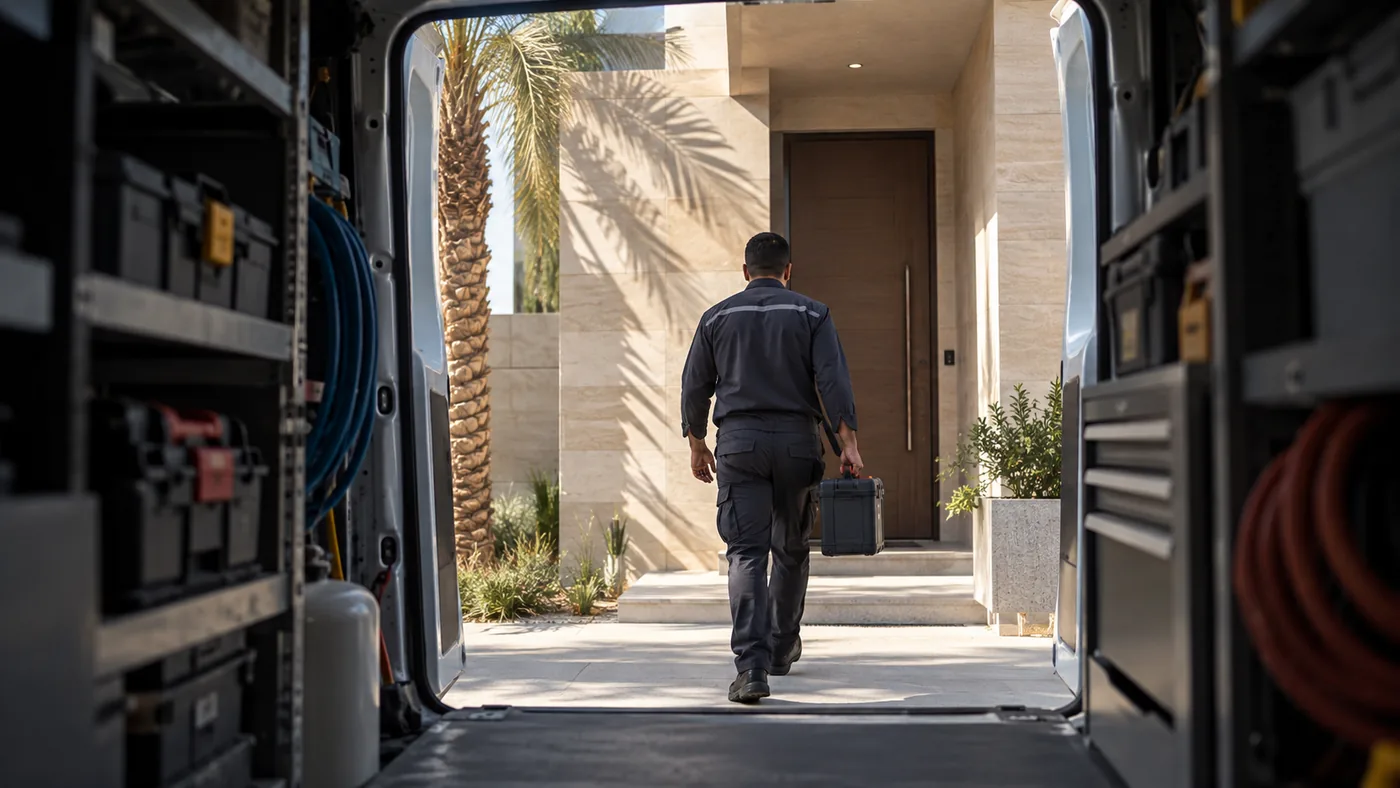 Mobile appliance technician arriving at a Riyadh home
