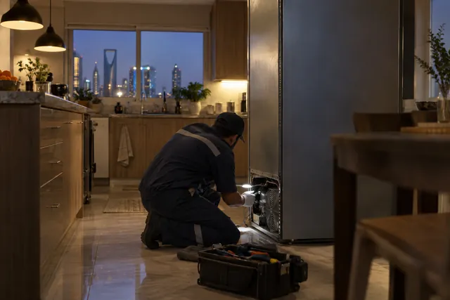Refrigerator technician checking a cooling fault