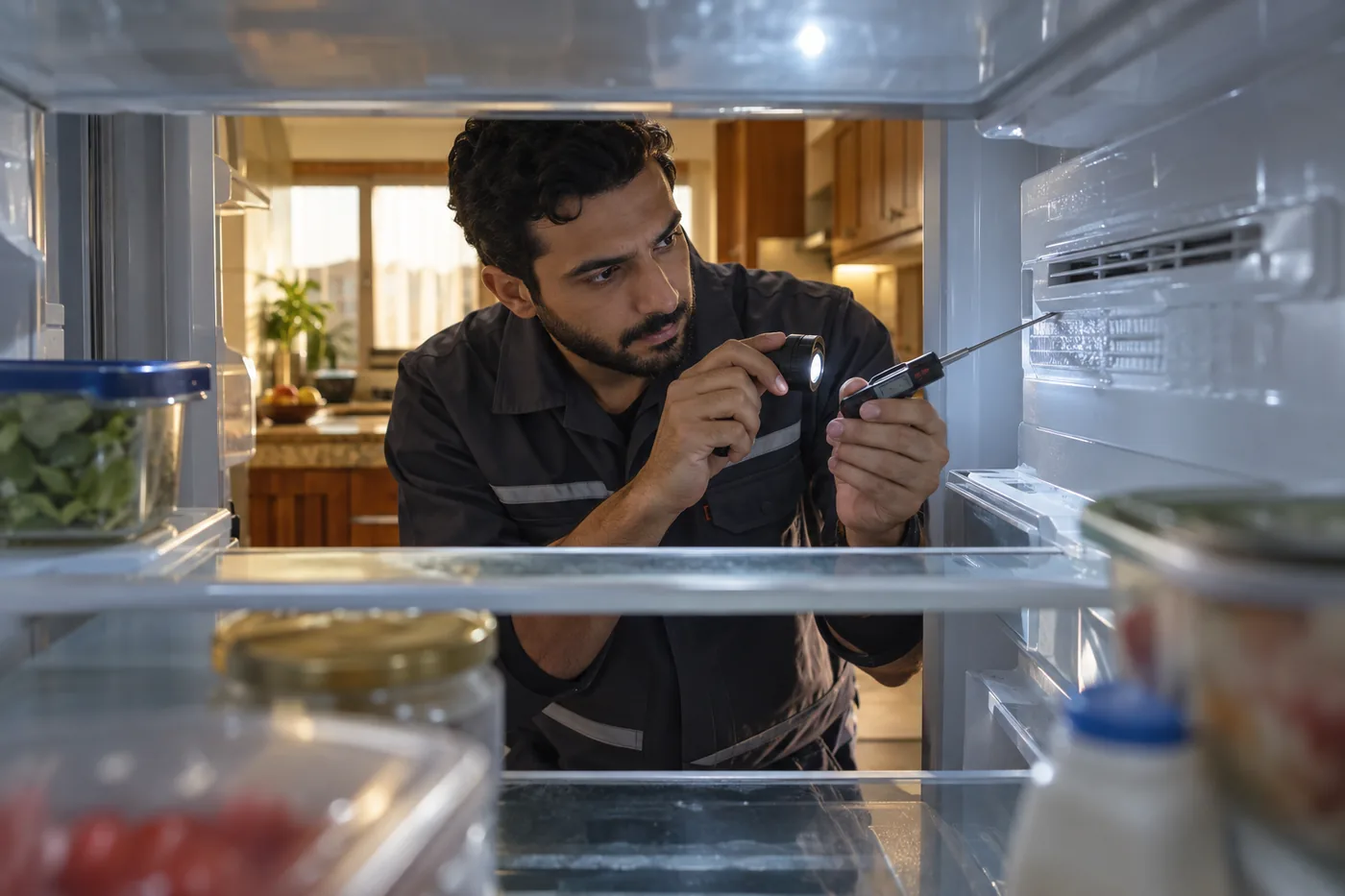 Technician checking a refrigerator cooling system with a temperature probe